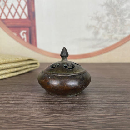 1.5" Diameter China Retro Antique Copper Alloy Incense Burner With Lid Ornament