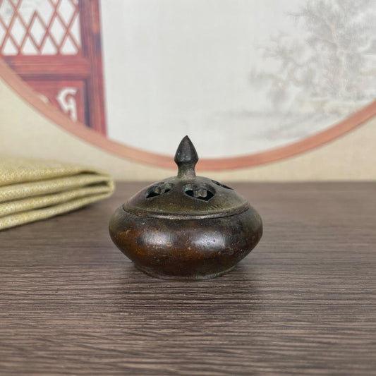 1.5" Diameter China Retro Antique Copper Alloy Incense Burner With Lid Ornament