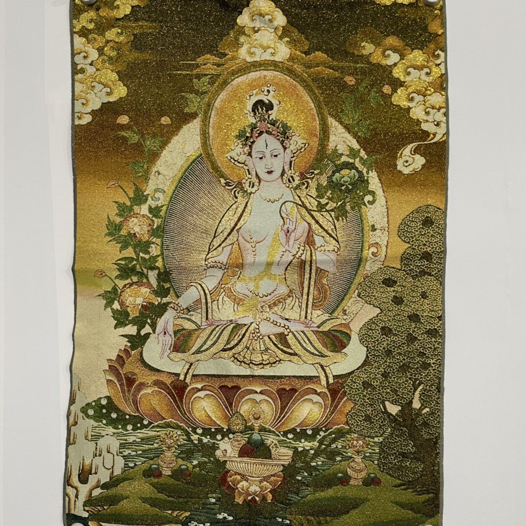 35" Decor tibet Silk Cloth Embroidery Buddhism White Tara tangka Mural Tapestry