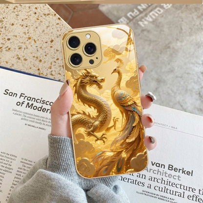 For iPhone 17 Pro Max/16/15 Plus/14 Metal Glass Painted Dragon Shockproof Case