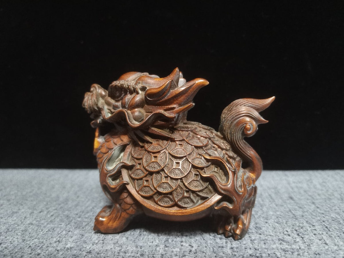 Excellent Chinese Boxwood Carved Dragon Turtle Statue Collection Sculpture Art