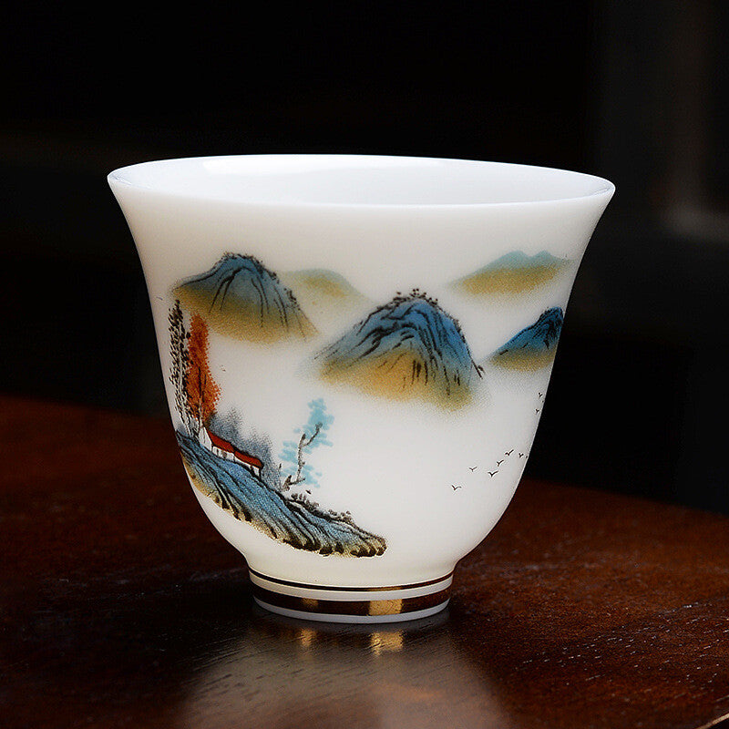 One Tea Cup Fat Mutton Jade Porcelain Cup Bird Flower Painted Chinese Master Cup