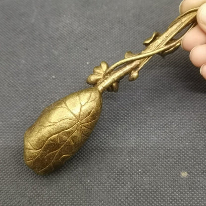 Vintage Brass Tea Spoon Lotus Leaf Flower Carved Tea Ceremony Scoop