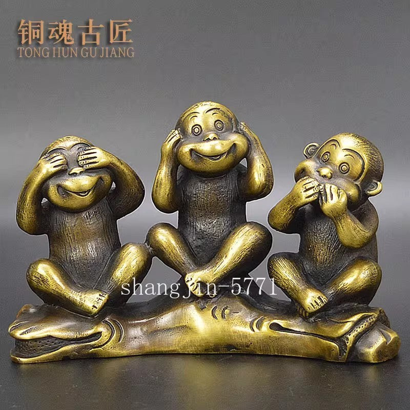 Brass 3 Wise Monkeys Figurine See Hear Speak No Evil Statue Zen Home Decor