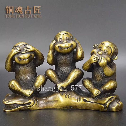 Brass 3 Wise Monkeys Figurine See Hear Speak No Evil Statue Zen Home Decor