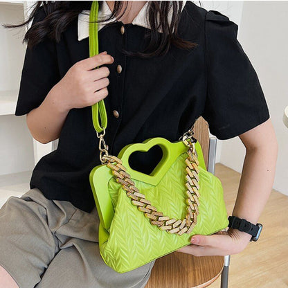 Green Chain Small Synthetic Leather Shoulder Crossbody Bag Wooden Handle Handbag