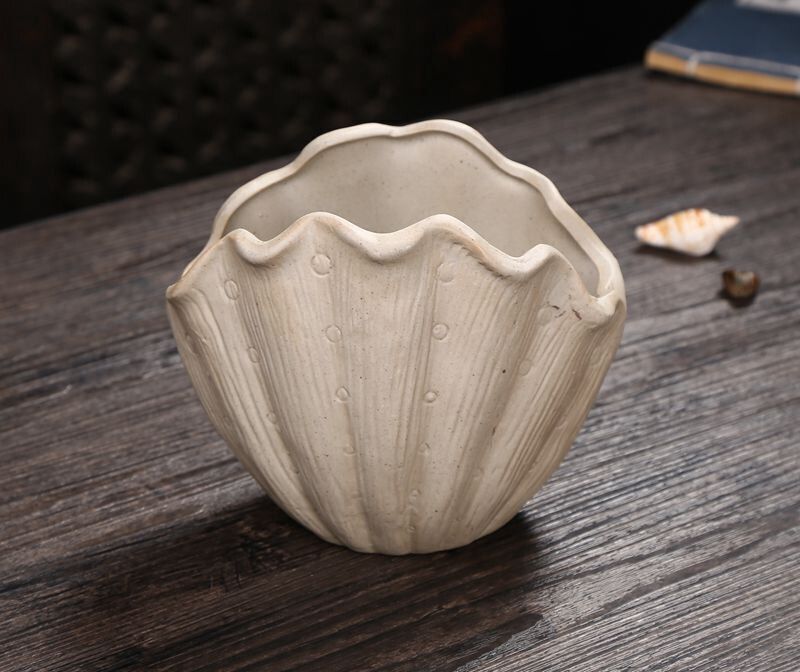 Flower Pot White Pottery Shell Shaped Succulent Plant Holder 21.5x11.5cm Ceramic
