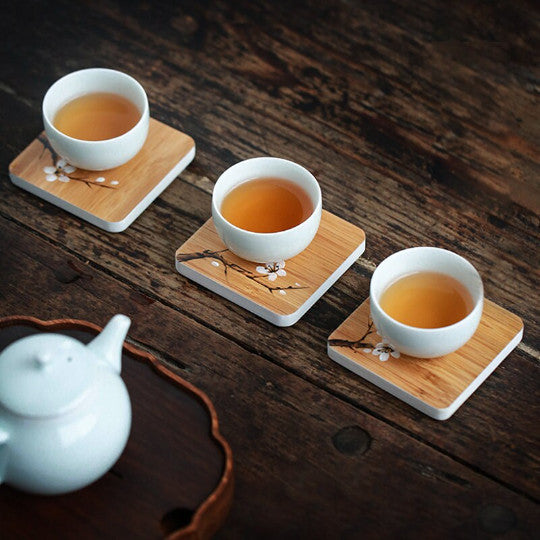 Handpainted Plum Flower Bamboo Teacuo Saucers Tea Coasters Accessories
