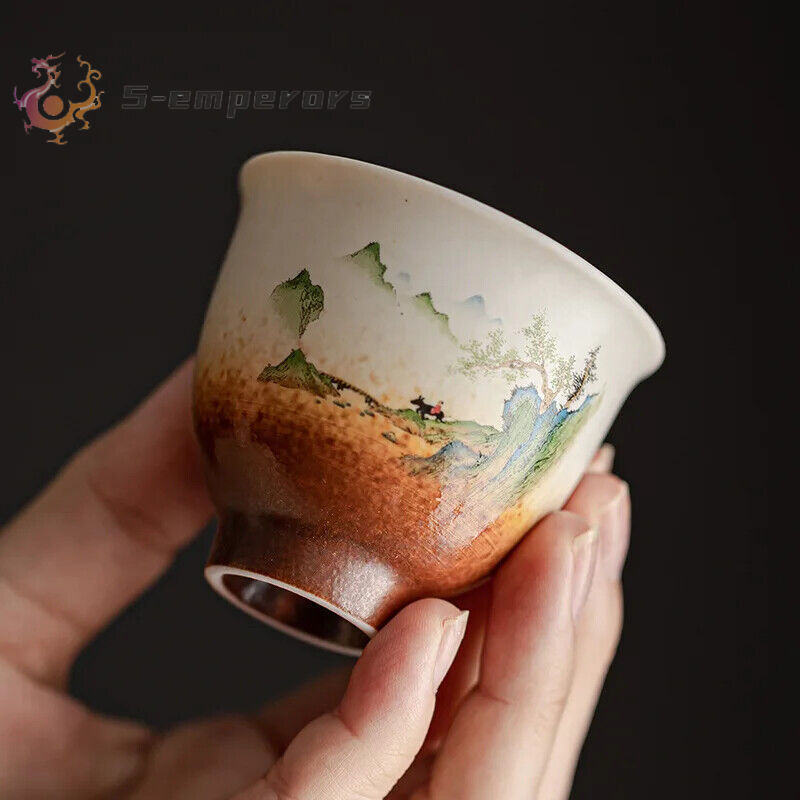 Chinese Retro Ceramic Teacup Handmade Tea Bowl Hand Painted Landscape Tea Cup