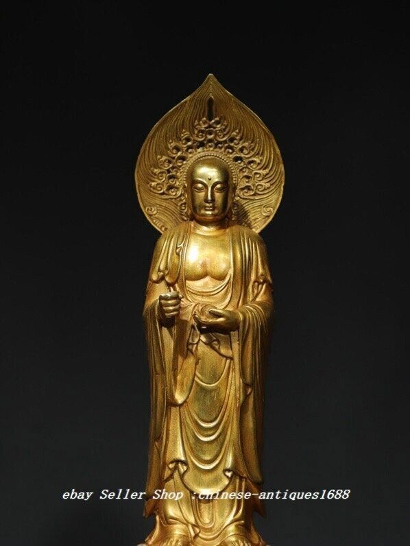 14" Old Tibet Buddhism Copper Gilt Stand Ksitigarbha Boddhisattva Buddha Statue