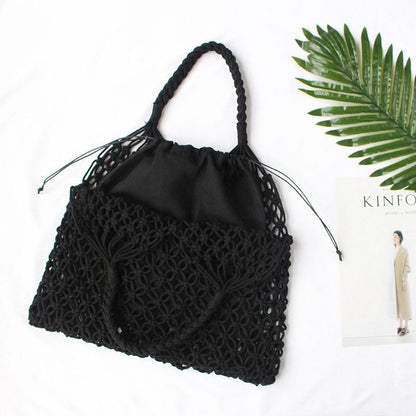 Summer Woven Beach Bag Handmade Hollow Out Straw Bag Tote Cotton Rope Crochet