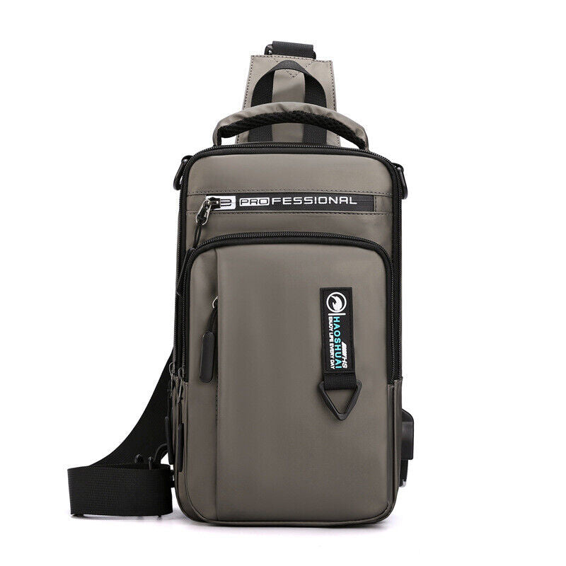 Men Nylon Waterproof Phone Chest Bag USB Small Crossbody Sling Bag Shoulder Bag