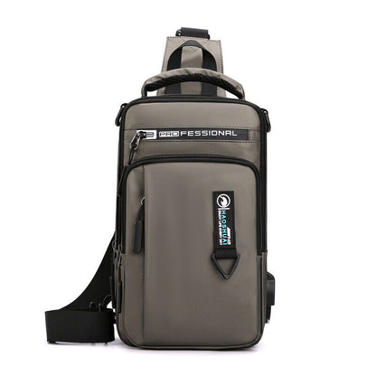 Men Nylon Waterproof Phone Chest Bag USB Small Crossbody Sling Bag Shoulder Bag