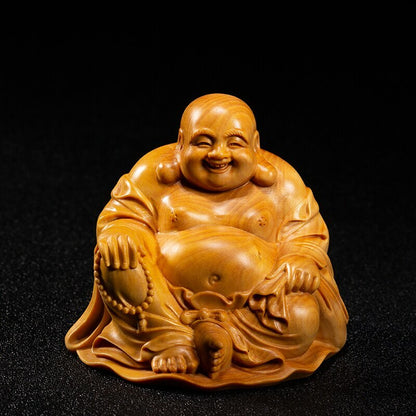 8CM Boxwood Maitreya Sculpture Wood Carving Buddha Statue Collection Decorations