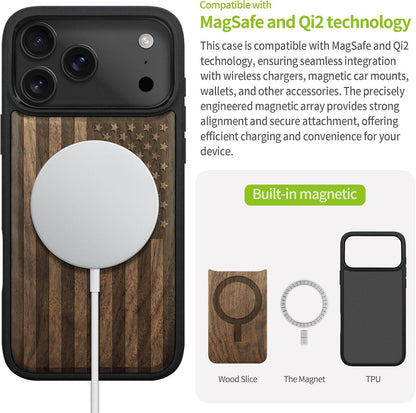 Magnetic Wooden Case for Iphone 17 Pro Max Case, Wood Artisan Engraved & Black S