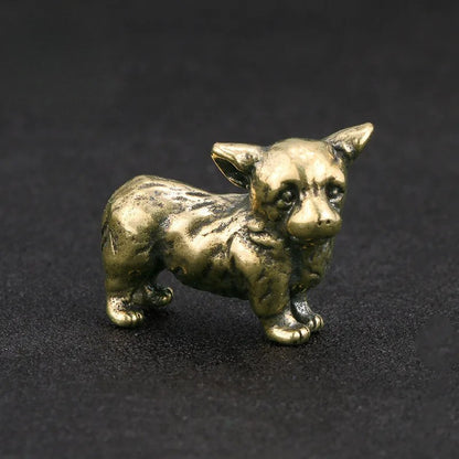 Solid Brass Puppy Corgi Figurine Miniature Tea Pet Craft Desktop Small Ornament