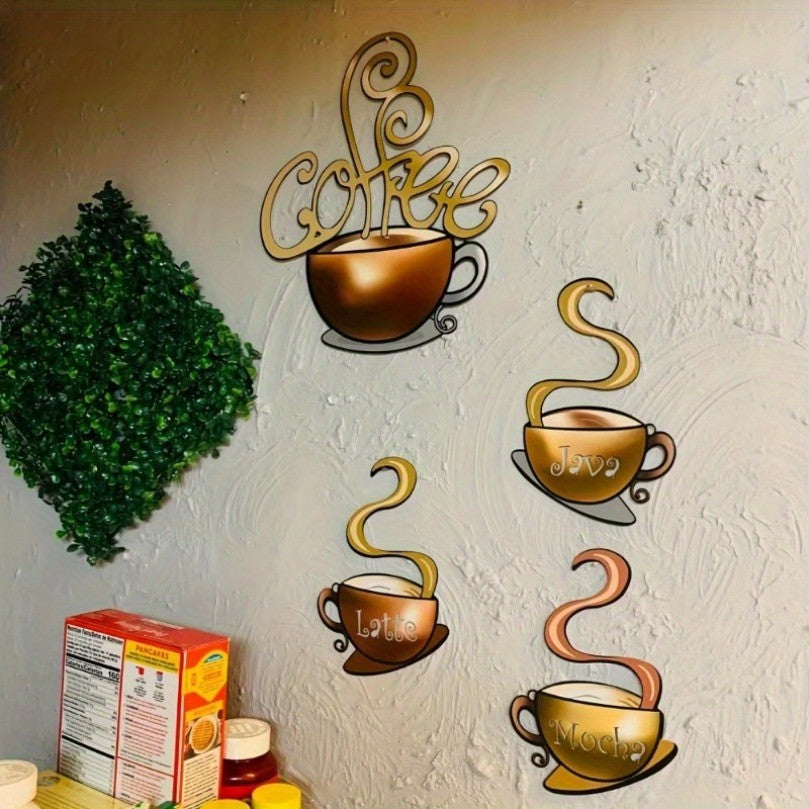 Americana Metal Coffee Mug Wall Art Set 4Pc Adhesive Kitchen Decor Reusable