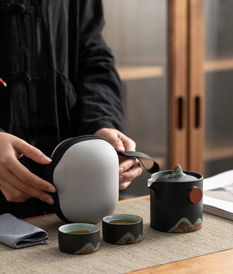 Ceramic Teapot with 2 Cups Handpainted Mountain Portable Travel Tea Set with Bag