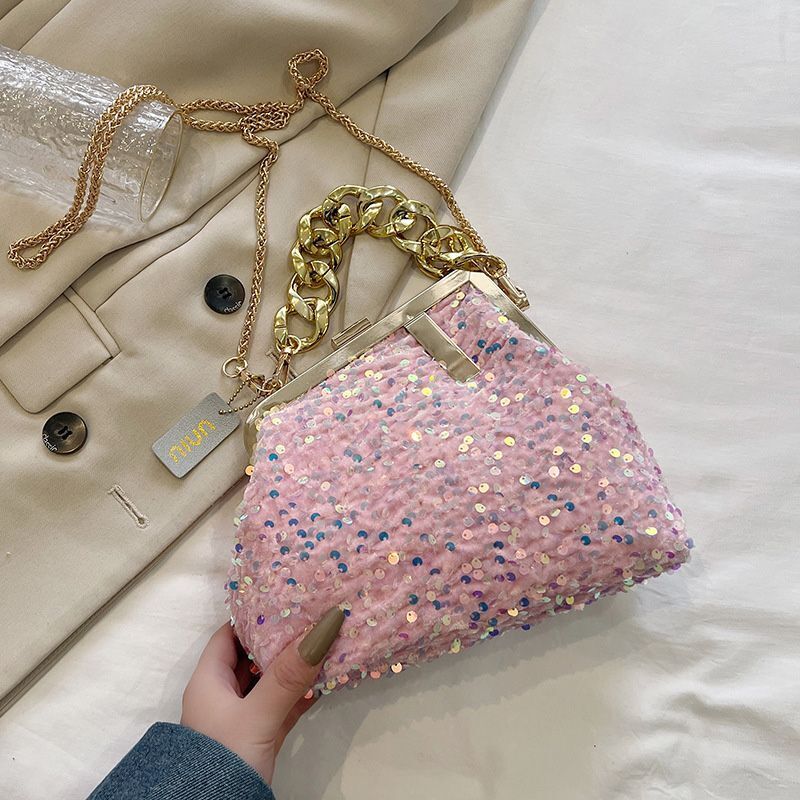 Sequin Shoulder Messenger Bag Buckle Handbag Thick Chain Polyester Purse Hasps