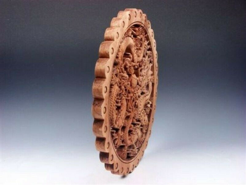 Hand Carved Camphor Wood Round Plate Wall Sculpture Dragon Statue