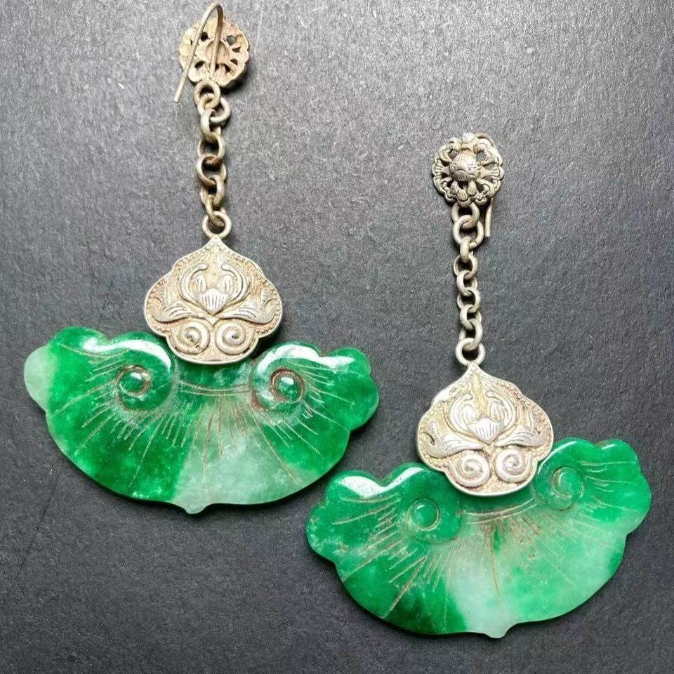Pair of Old Emerald Tibetan Silver Fan Earrings - Ancient Jade Antique Jewelry