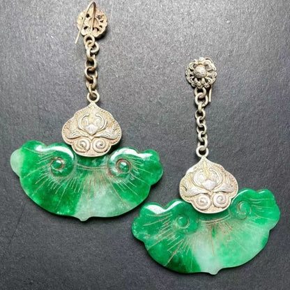 Pair of Old Emerald Tibetan Silver Fan Earrings - Ancient Jade Antique Jewelry