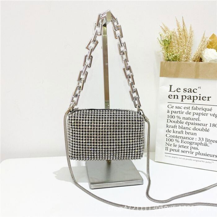 Woman' s Clutch With Thick Chain Handle Silver Full Crystal Jewelled Hand Bag