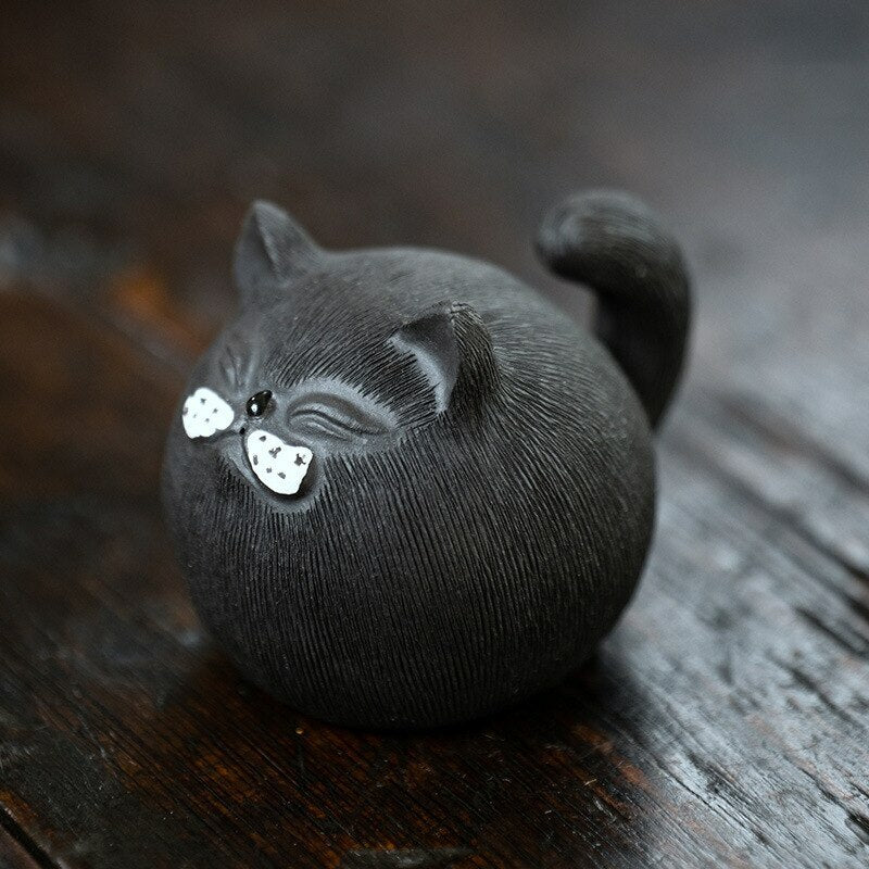 Chinese Sculpture Purple Clay Tea Pet Small Cat Statue Handmade Tea Set Decor