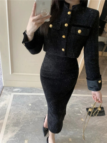 Two Piece Set Women Skirt 2023 Autumn Tweed Jacket Midi Pencil Skirt