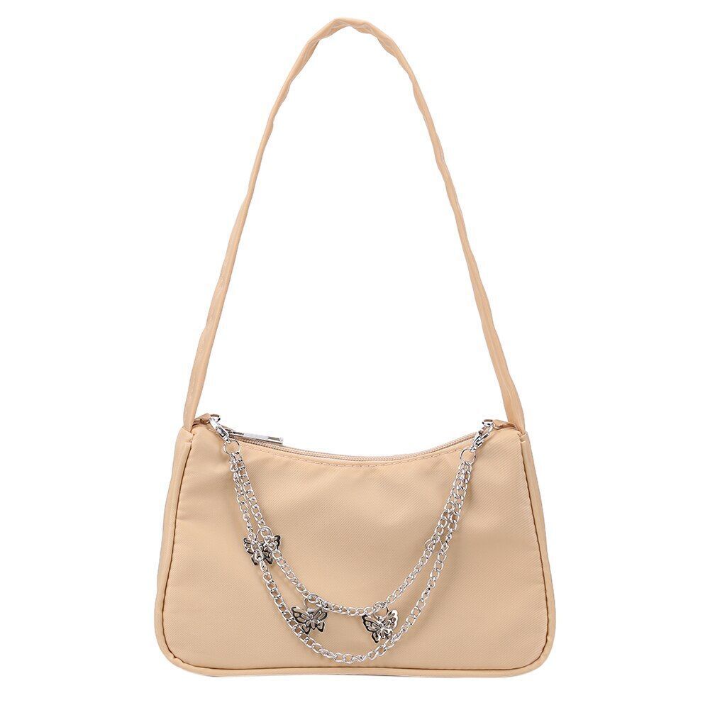 Women Small Shoulder Underarm Bag Leather Nylon Vintage Chain Zipper Handbags