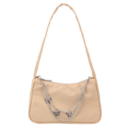Women Small Shoulder Underarm Bag Leather Nylon Vintage Chain Zipper Handbags
