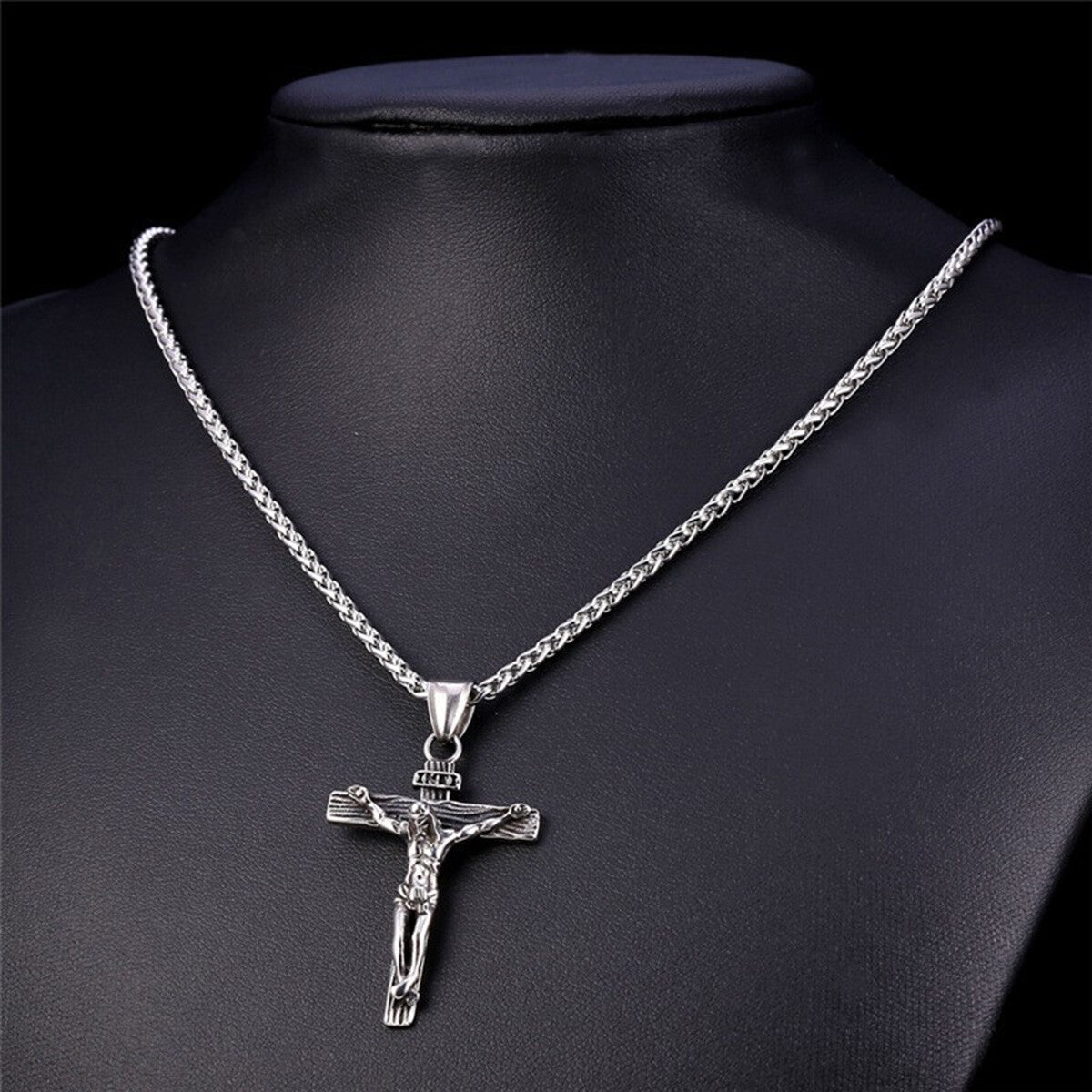Stainless Steel Jesus Christ Crucifix Cross Pendant Chain Men Necklace