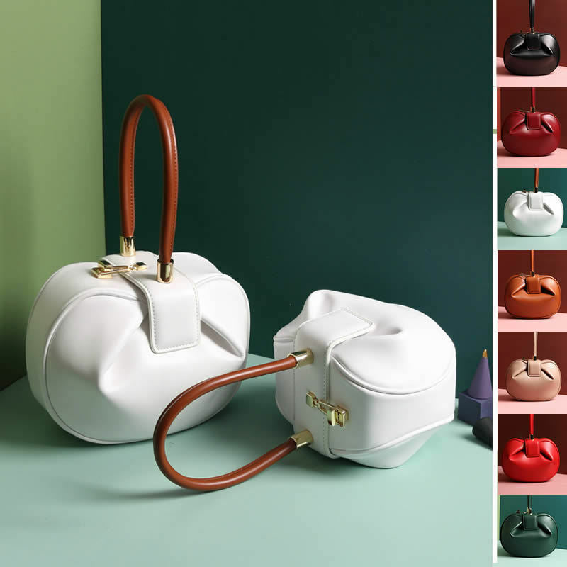 Real Leather Wonton Round Pouch Clutch Purse Top Handle Tote Handbag Grab Bag