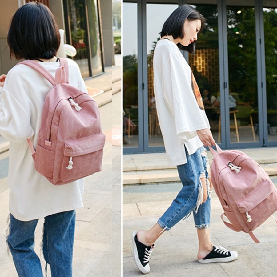 College Style Soft Fabric Backpack School Bag Corduroy School Backpack Striped