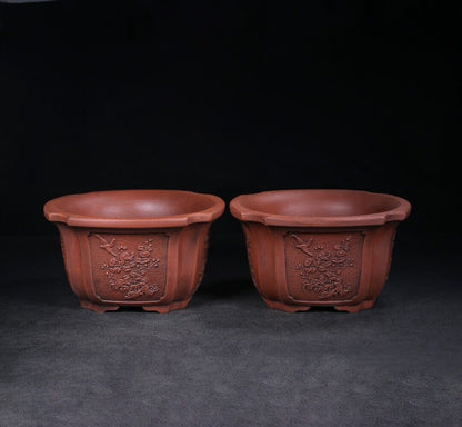 Chinese Yixing Zisha Clay Handmade Exquisite flowerpot (pair) （花盆（一对） 底款：铁画轩）