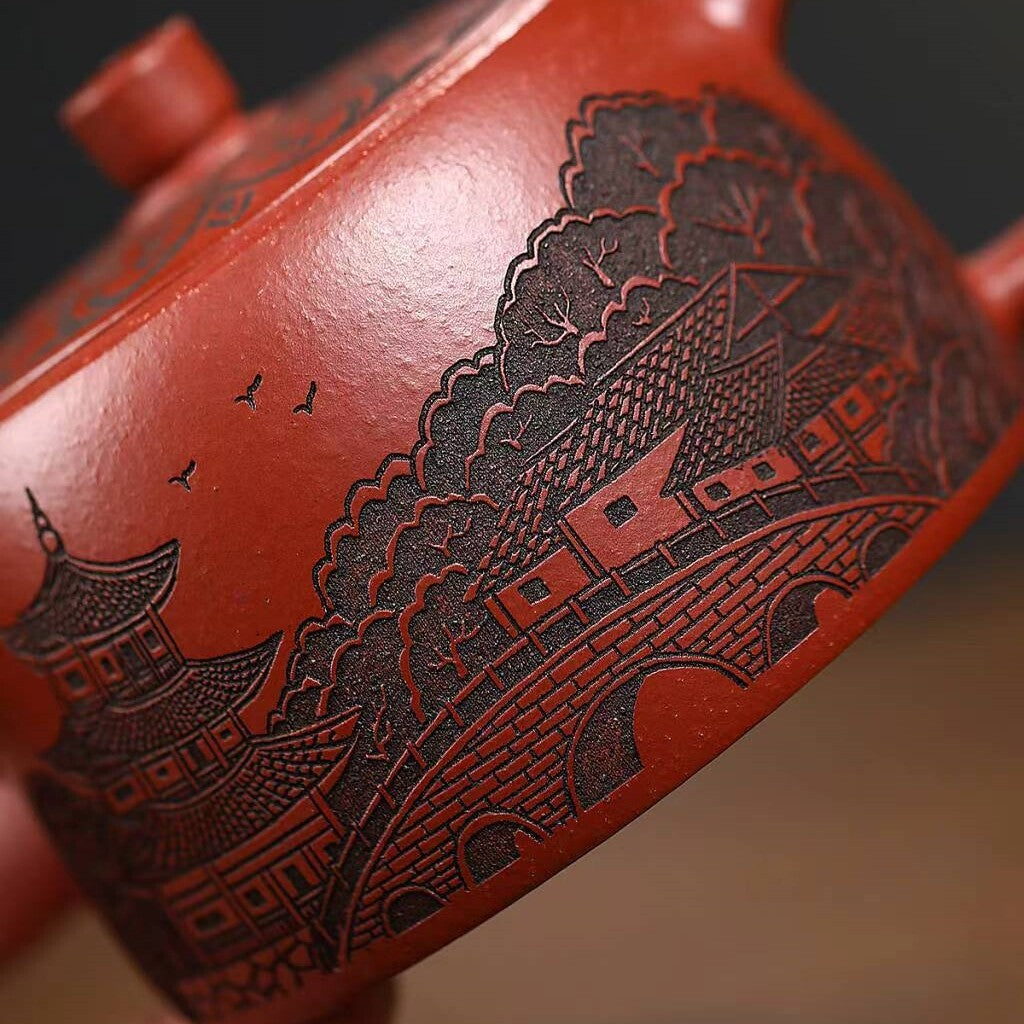Original Ore Red Jiangpo Clay Tea Pot Handmade Carved Yixing Zisha Master Pot