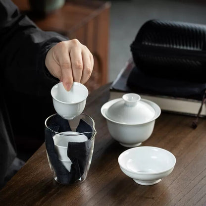 Travel Tea Set Porcelain Gaiwan Matching Tea Cups Glass Pitcher Portable Bag New