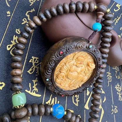 Natural Grade A Agarwood Hand Carving Maitreya Buddha Pendant Necklace Beads