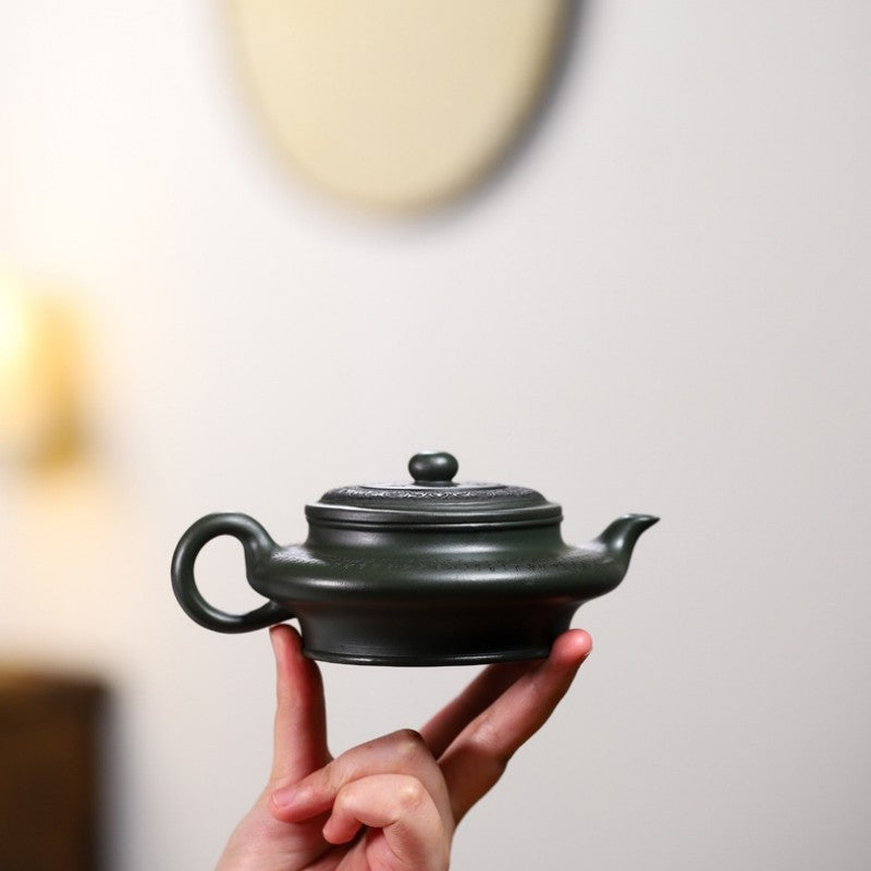Yixing Original Green Clay Purple Sand Tea Pot Handmade Flat Round Kungfu Teapot