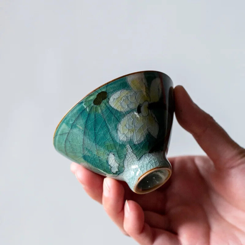 Chinese Style Ice Cracked Tea Set Teacup Hand Painted Lotus Art Teacup