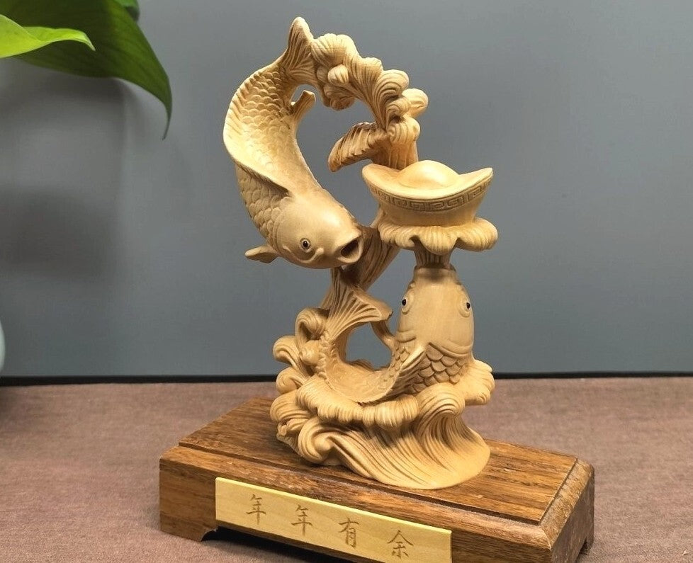 5.5" Boxwood Carved Carp Fish Igot Statue Feng Shui Wealth Home Ofiice Decor