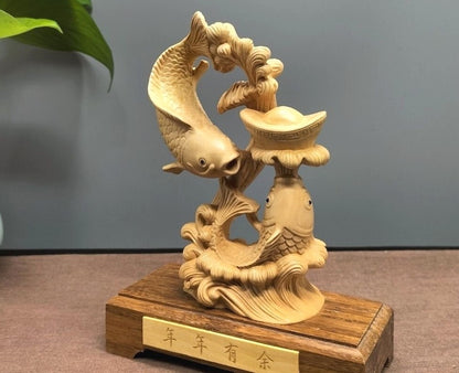 5.5" Boxwood Carved Carp Fish Igot Statue Feng Shui Wealth Home Ofiice Decor