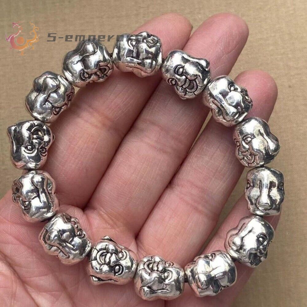 Old tibet silver handmade Double sided Buddha head Elasticity Bracelet