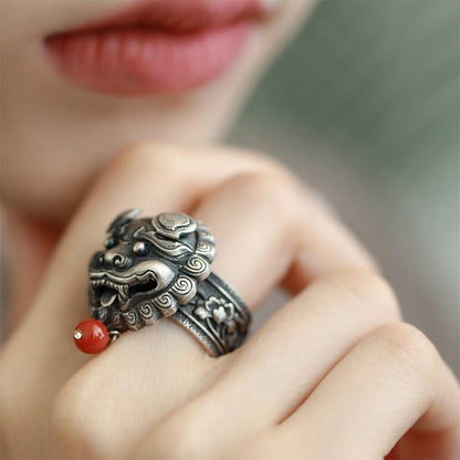 Gold-Swallowing Beast Ring Size Adjustable Lotus Red Bead Ethnic Jewelry