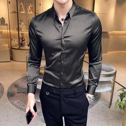 Camisa Ajustada De Seda De Hombres Ropa De Vestir Larga A Cuadros Elegante