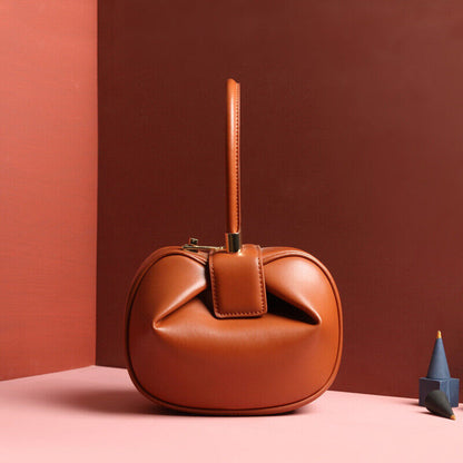 Real Leather Wonton Round Pouch Clutch Purse Top Handle Tote Handbag Grab Bag