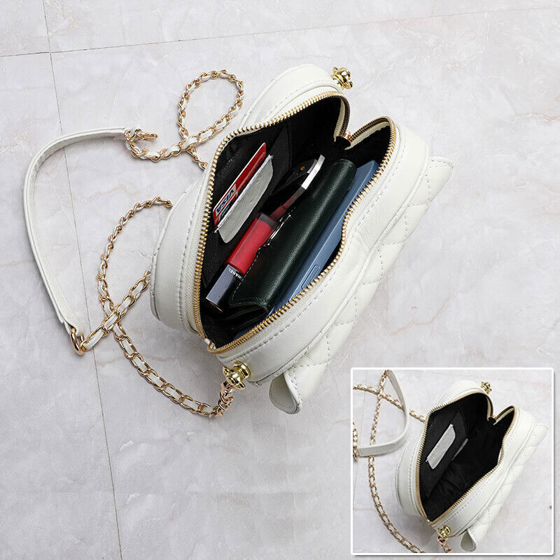 Small Mini Quilted Sheepskin Leather Heart Bag Clutch Shoulder Purse w/ Chain