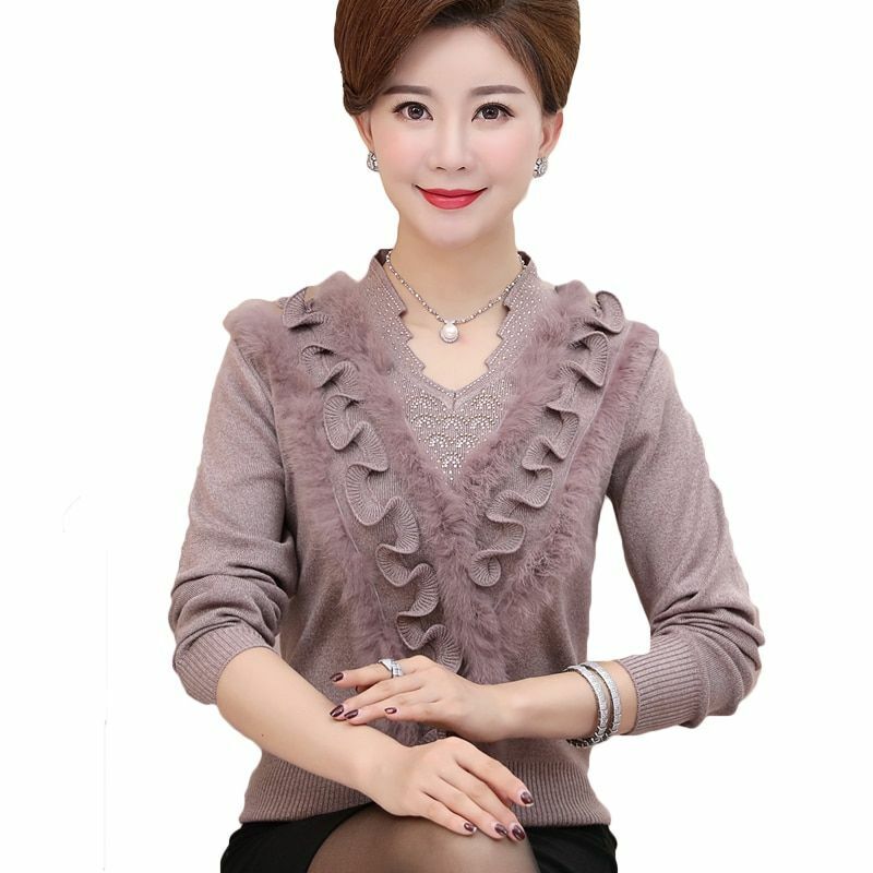Women Sweater Cashmere Woolen Plus Size Embroidering Diamond - Studded Pullover