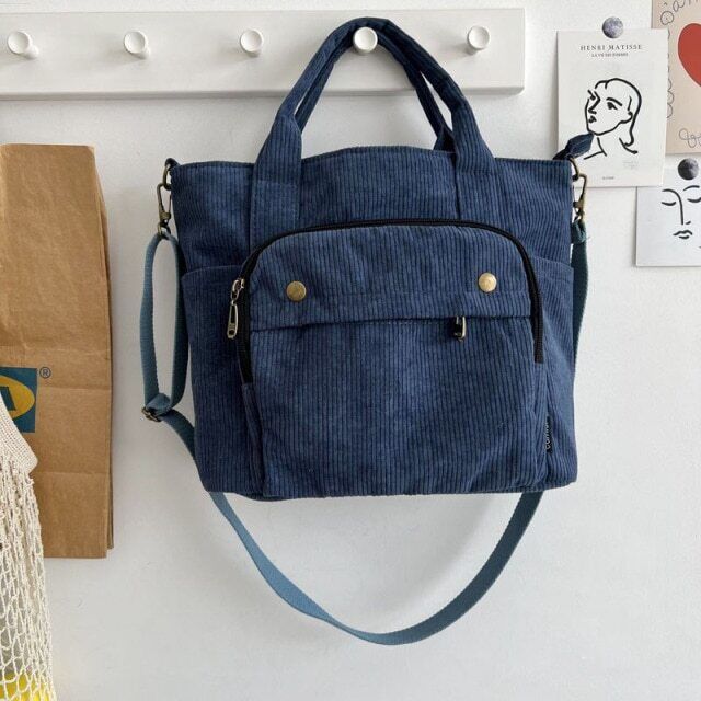 Women Corduroy Shoulder Handbag Canvas Bags Zipper Simple Crossbody Bag