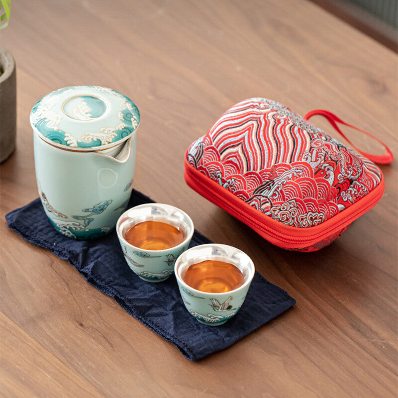Boutique Tea Set With Travel Bag 999 Sterling Silver Pot Filter Cup Crane Relief